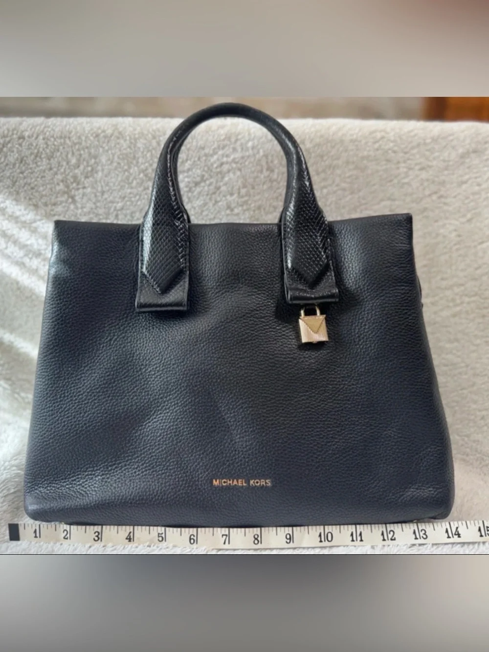 Michael Kors Black Leather Structured Satchel with Gold Accent